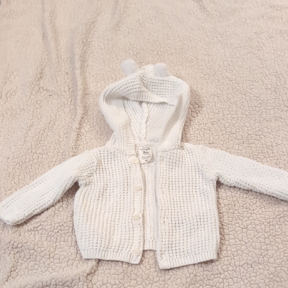 Carter's White Hooded Knit Jacket with Ribbed Design